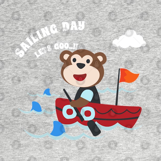 Funny monkey sailor cartoon vector on little boat with cartoon style. by KIDS APPAREL